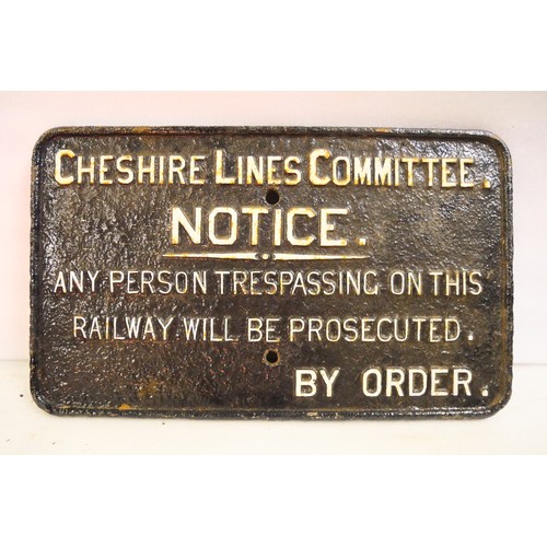 9057 - A cast iron railway notice sign CHESHIRE LINES COMMITTEE NOTICE ANY PERSONS TRESPASSING ON THIS RAIL... 