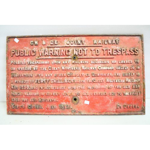 9064 - A Great Northern and Great Eastern Joint Railway cast iron trespass warning sign dated 'King's Cross... 