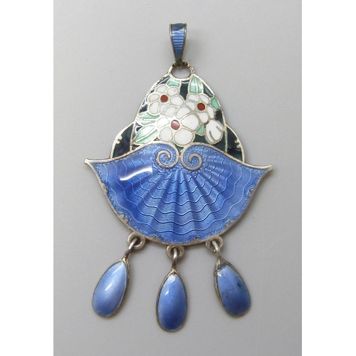 7108 - A Norwegian silver pendant with floral and guilloche enamel detail, 5.5cm, 9.1g