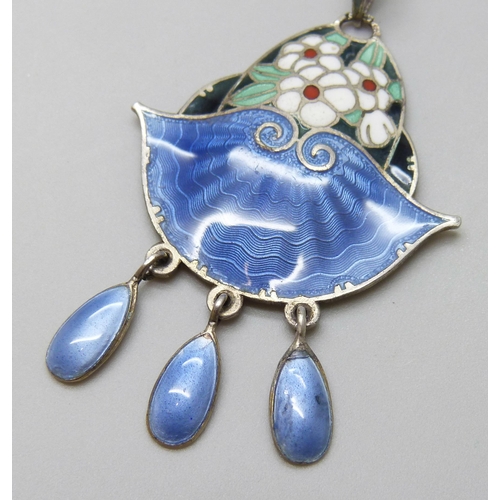 7108 - A Norwegian silver pendant with floral and guilloche enamel detail, 5.5cm, 9.1g