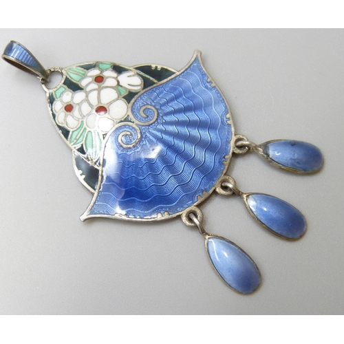 7108 - A Norwegian silver pendant with floral and guilloche enamel detail, 5.5cm, 9.1g