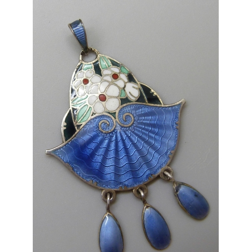 7108 - A Norwegian silver pendant with floral and guilloche enamel detail, 5.5cm, 9.1g