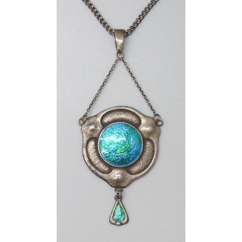 7109 - A Charles Horner silver and enamel pendant on a white metal chain, Chester 1910, 10g, 6.5cm pendant