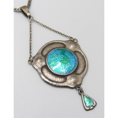 7109 - A Charles Horner silver and enamel pendant on a white metal chain, Chester 1910, 10g, 6.5cm pendant