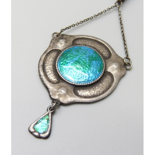 7109 - A Charles Horner silver and enamel pendant on a white metal chain, Chester 1910, 10g, 6.5cm pendant