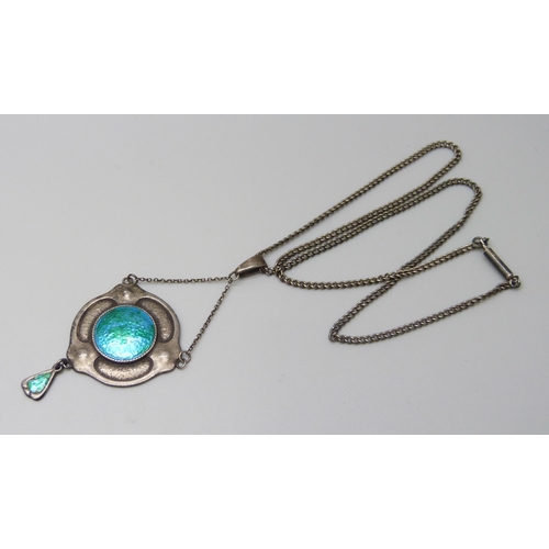 7109 - A Charles Horner silver and enamel pendant on a white metal chain, Chester 1910, 10g, 6.5cm pendant