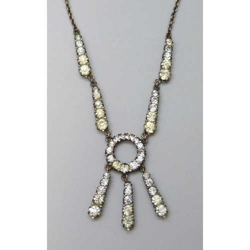 7111 - An Art Deco silver and paste set drop necklace, 6.9g, 39cm