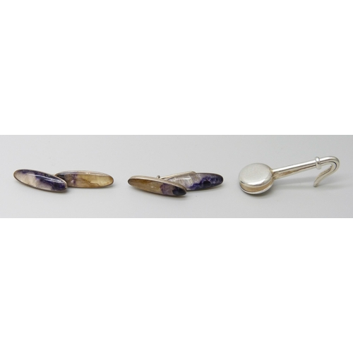 7112 - A pair of silver and Blue John cufflinks, 2.2cm, and a silver napkin clip, 11.5g total