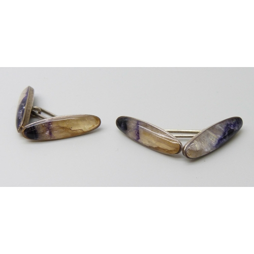 7112 - A pair of silver and Blue John cufflinks, 2.2cm, and a silver napkin clip, 11.5g total