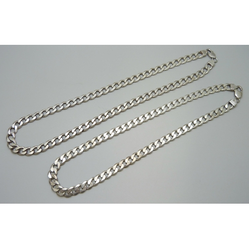 7114 - Two curb link silver necklaces, 140g, 40cm and 56cm