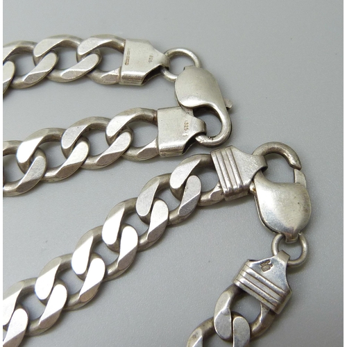 7114 - Two curb link silver necklaces, 140g, 40cm and 56cm