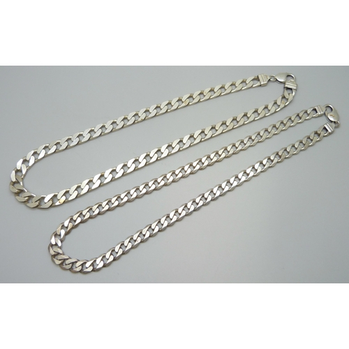 7115 - Two curb link silver necklaces, 148g, 40cm and 50cm