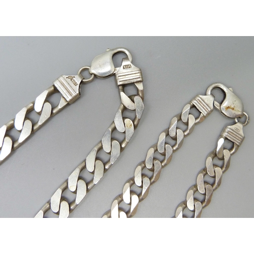 7115 - Two curb link silver necklaces, 148g, 40cm and 50cm