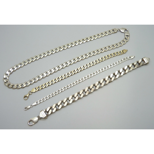 7116 - A silver curb link necklace and three silver bracelets, 155g, necklace 51cm and largest bracelet 23.... 