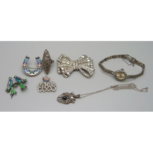 7159 - A collection of vintage jewellery including a silver marcasite set watch, a silver and enamel bird b... 