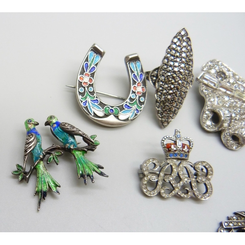 7159 - A collection of vintage jewellery including a silver marcasite set watch, a silver and enamel bird b... 