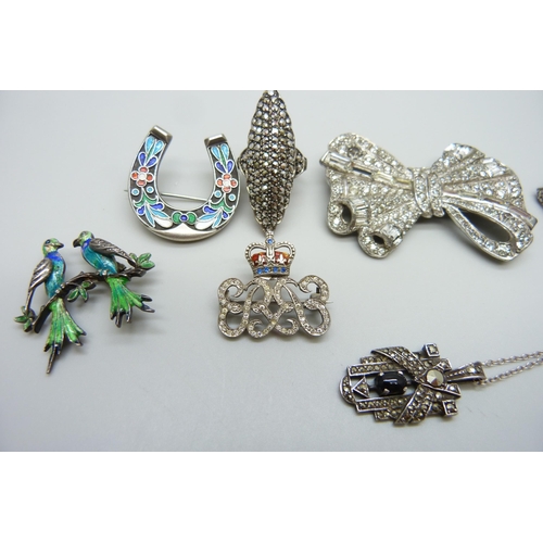 7159 - A collection of vintage jewellery including a silver marcasite set watch, a silver and enamel bird b... 