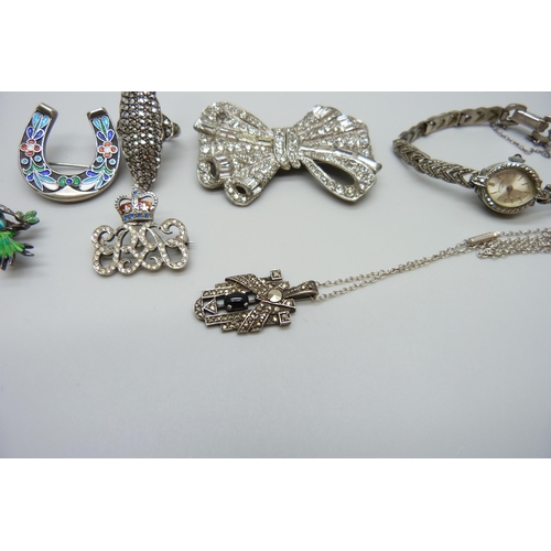 7159 - A collection of vintage jewellery including a silver marcasite set watch, a silver and enamel bird b... 