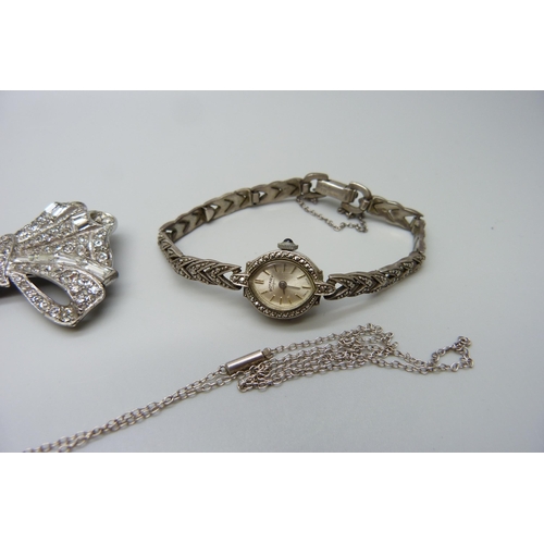 7159 - A collection of vintage jewellery including a silver marcasite set watch, a silver and enamel bird b... 