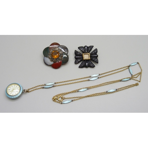 7163 - A mourning brooch, a guilloche enamelled watch on chain and a white metal agate and citrine set broo... 