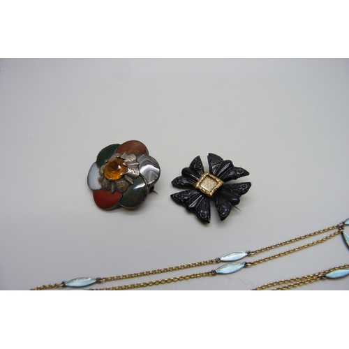 7163 - A mourning brooch, a guilloche enamelled watch on chain and a white metal agate and citrine set broo... 