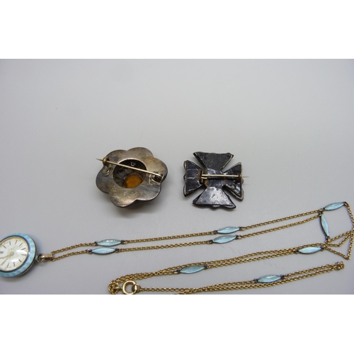 7163 - A mourning brooch, a guilloche enamelled watch on chain and a white metal agate and citrine set broo... 