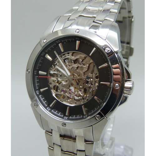 7173 - A Bulova wristwatch with skeleton dial, 45mm case