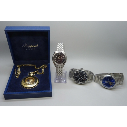 7193 - A Rapport pocket watch and chain and three wristwatches - two Rotary and a Seiko 5 Day Date Automati... 