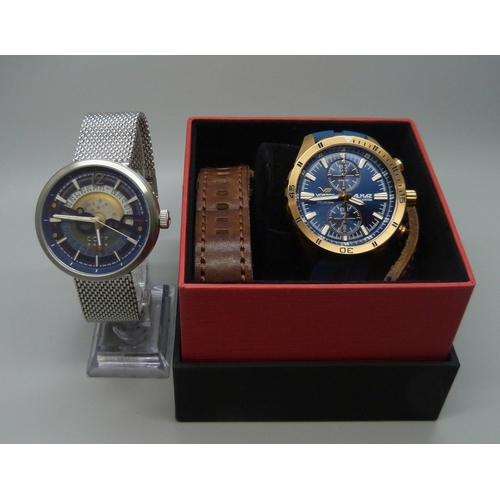 7198 - Two wristwatches including a Vostok Europe Space Station chronograph watch with extra leather strap,... 