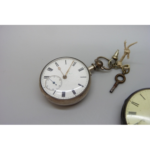 7203 - A silver cased fusee pocket watch, lacking outer pair case, hallmarked Birmingham 1893, and one othe... 