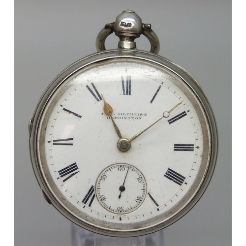 7204 - A silver cased pocket watch, J. G. Gilchrist, Haddington, hallmarked Chester 1900, inner case person... 