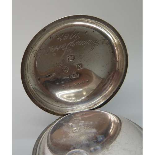 7204 - A silver cased pocket watch, J. G. Gilchrist, Haddington, hallmarked Chester 1900, inner case person... 