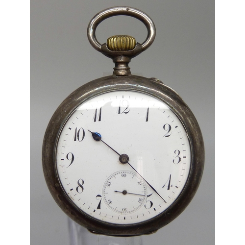 7206 - A Swiss made .935 silver pocket watch, inner cover marked ''H.M. Emanuel & Son, by Appointment to Th... 