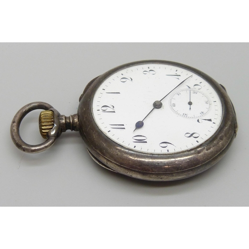 7206 - A Swiss made .935 silver pocket watch, inner cover marked ''H.M. Emanuel & Son, by Appointment to Th... 