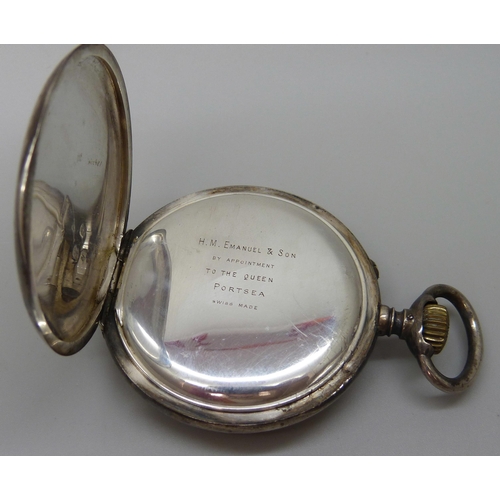 7206 - A Swiss made .935 silver pocket watch, inner cover marked ''H.M. Emanuel & Son, by Appointment to Th... 