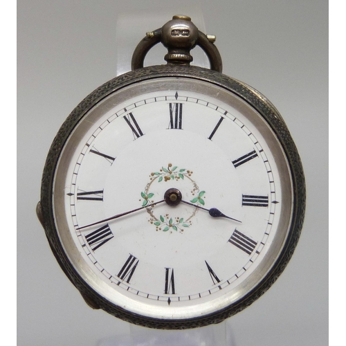 7210 - A silver fob watch with enamelled detail to the case back, Andre Mathey, Birmingham 1885, 37mm