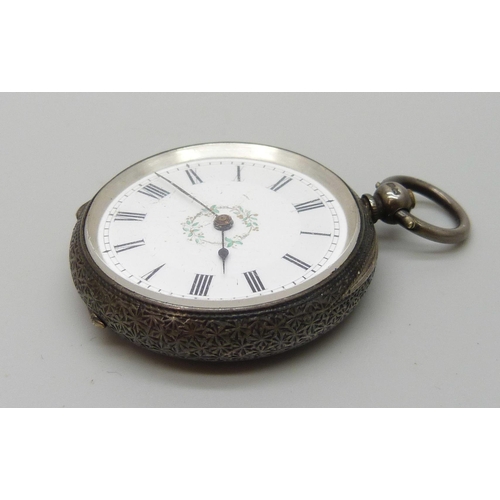 7210 - A silver fob watch with enamelled detail to the case back, Andre Mathey, Birmingham 1885, 37mm