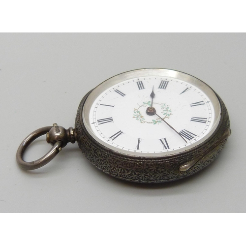 7210 - A silver fob watch with enamelled detail to the case back, Andre Mathey, Birmingham 1885, 37mm