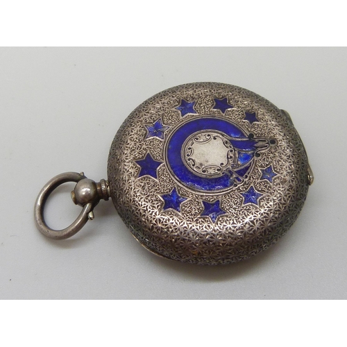 7210 - A silver fob watch with enamelled detail to the case back, Andre Mathey, Birmingham 1885, 37mm