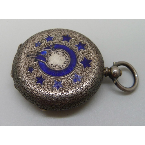 7210 - A silver fob watch with enamelled detail to the case back, Andre Mathey, Birmingham 1885, 37mm