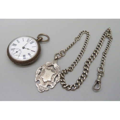 7214 - An .800 silver fob watch, a silver chain and silver fob (chain and fob a/f, 28g)