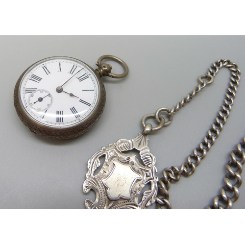 7214 - An .800 silver fob watch, a silver chain and silver fob (chain and fob a/f, 28g)