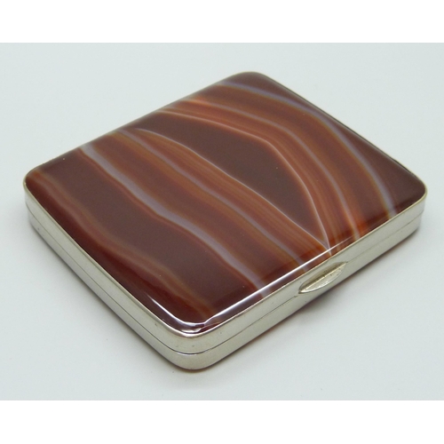 7217 - A white metal cigarette box set with two agate panels, 8.7 x 7.5cm, 138g