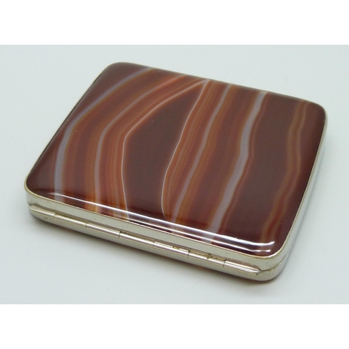 7217 - A white metal cigarette box set with two agate panels, 8.7 x 7.5cm, 138g