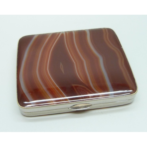 7217 - A white metal cigarette box set with two agate panels, 8.7 x 7.5cm, 138g