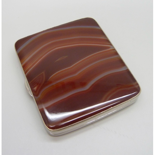 7217 - A white metal cigarette box set with two agate panels, 8.7 x 7.5cm, 138g