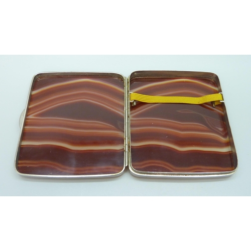 7217 - A white metal cigarette box set with two agate panels, 8.7 x 7.5cm, 138g