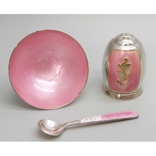 7222 - A Volmer Bahner Danish silver and pink guilloche enamel cruet set - a bowl, spoon and pepper, bowl d... 