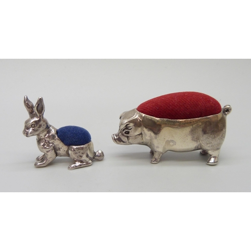 7228 - Two silver pin cushions, one in the form of a pig, the other a rabbit, 37g total weight, pig measure... 