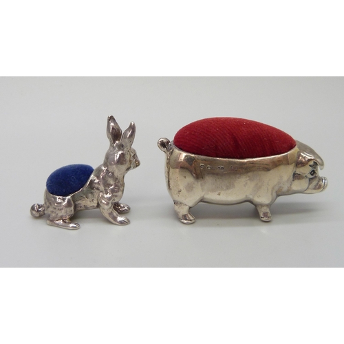 7228 - Two silver pin cushions, one in the form of a pig, the other a rabbit, 37g total weight, pig measure... 